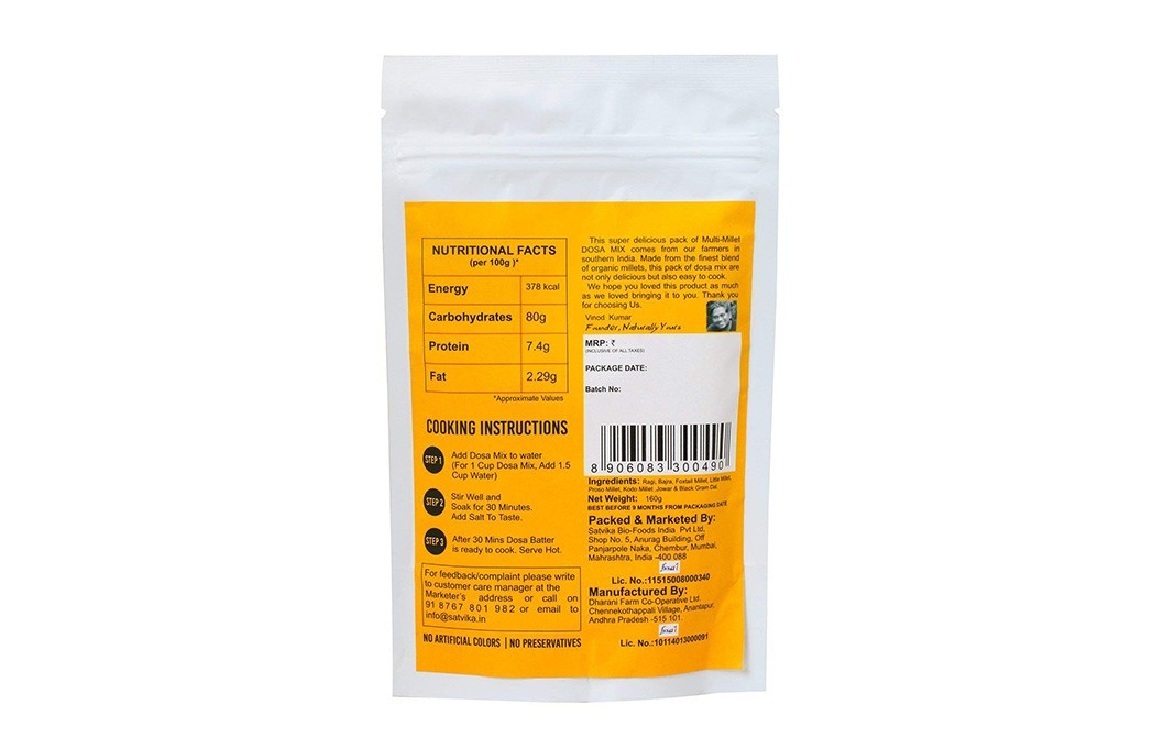 Naturally yours Multi-Millet Dosa Mix    Pack  160 grams